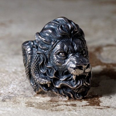 魔獣キメラのシルバーリング|ライオン、山羊、蛇の複合魔獣