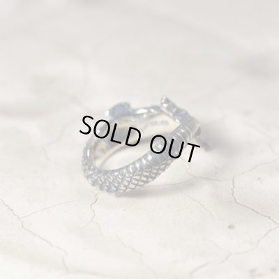 ウロボロスのシルバーリング。「無限」「永遠」の象徴とされる自分の尾を咥えて輪になった竜